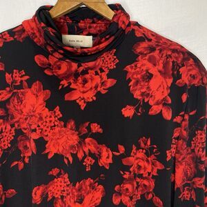 Diana Belle Blouse Floral Turtleneck Stretch Long Sleeve Womens Sz XL Black Red